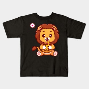 Cute Lion Eating Pizza Cartoon Kids T-Shirt